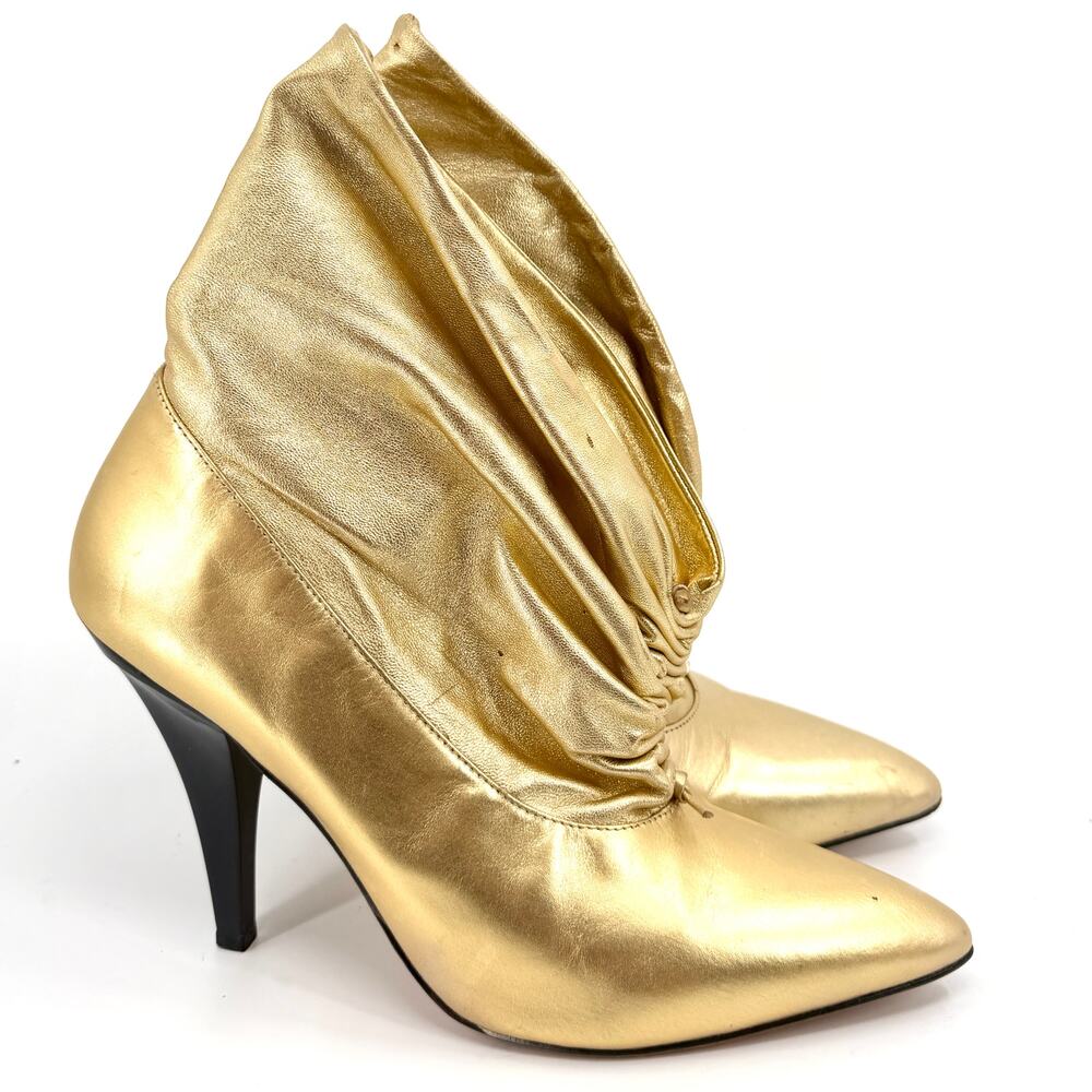 Report Signature Gold Genuine Leather Slouchy Pointed Toe Glam Heel Booties